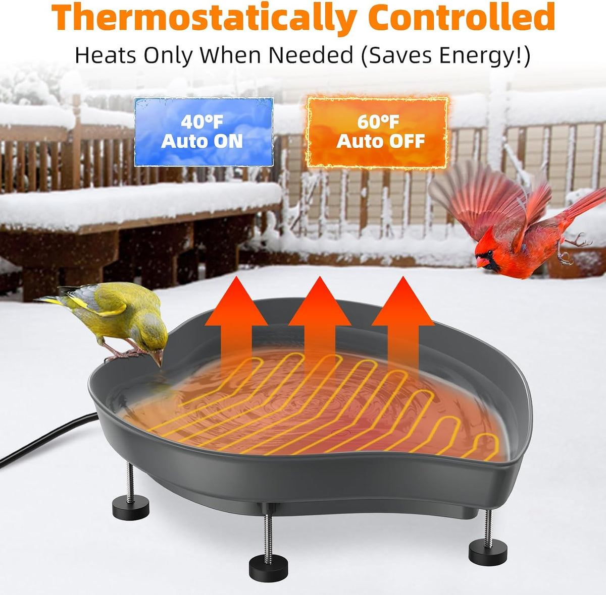 Heated Bird Baths for Outdoors, 60W Thermostatic Winter Birdbath - Gray