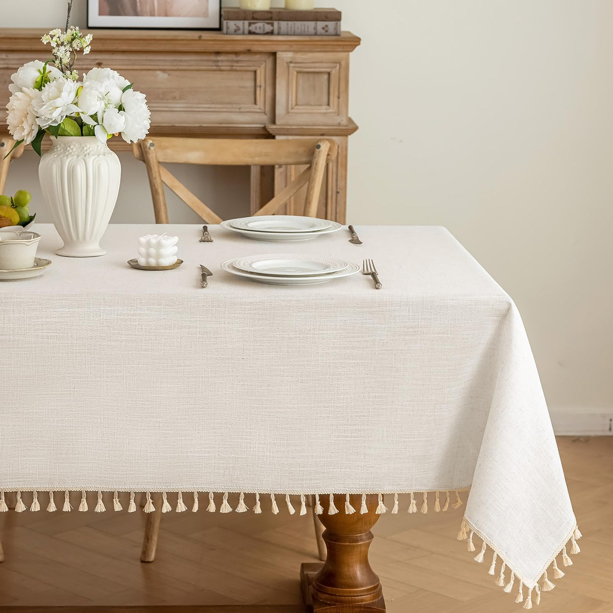 Ivory Tablecloths Rectangular 55 x 75 Inch, Linen Look