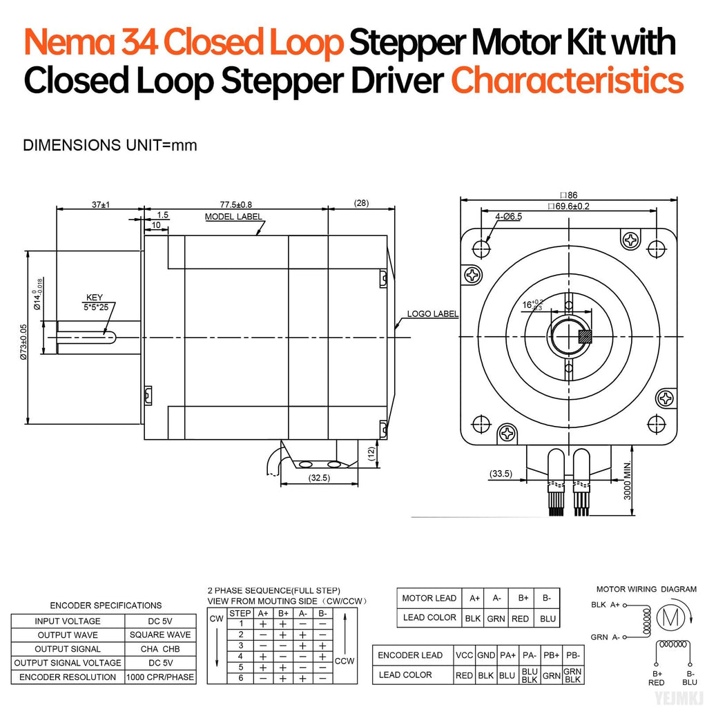 YEJMKJ Nema 34 Closed Loop Stepper Motor with Driver Kit 86-78mm 5.2Nm