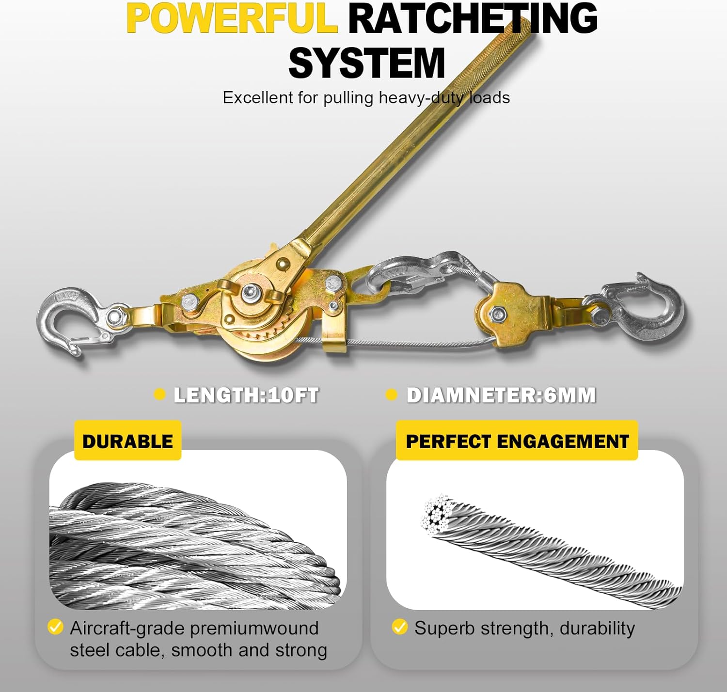 Come Along Winch Puller 3T 10FT, Cable Hoist Winch Puller with 2 Hooks, Come Along Tool Heavy Duty, Ratchet Puller