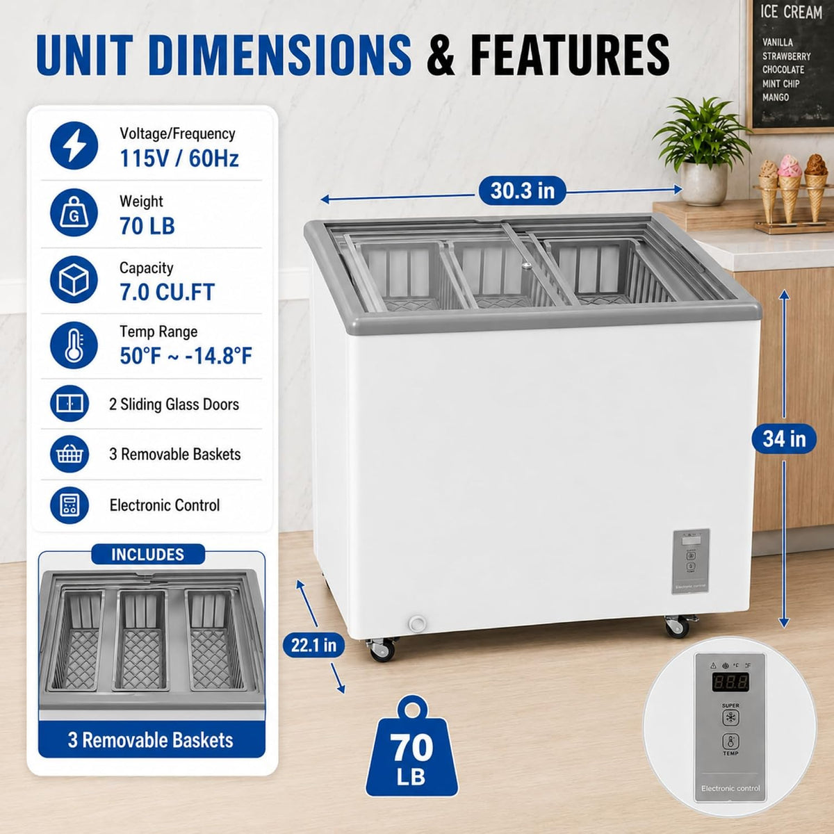 Commercial 7.0 Cu.Ft Ice Cream Display Freezer, Flat‑Top Sliding Glass Door