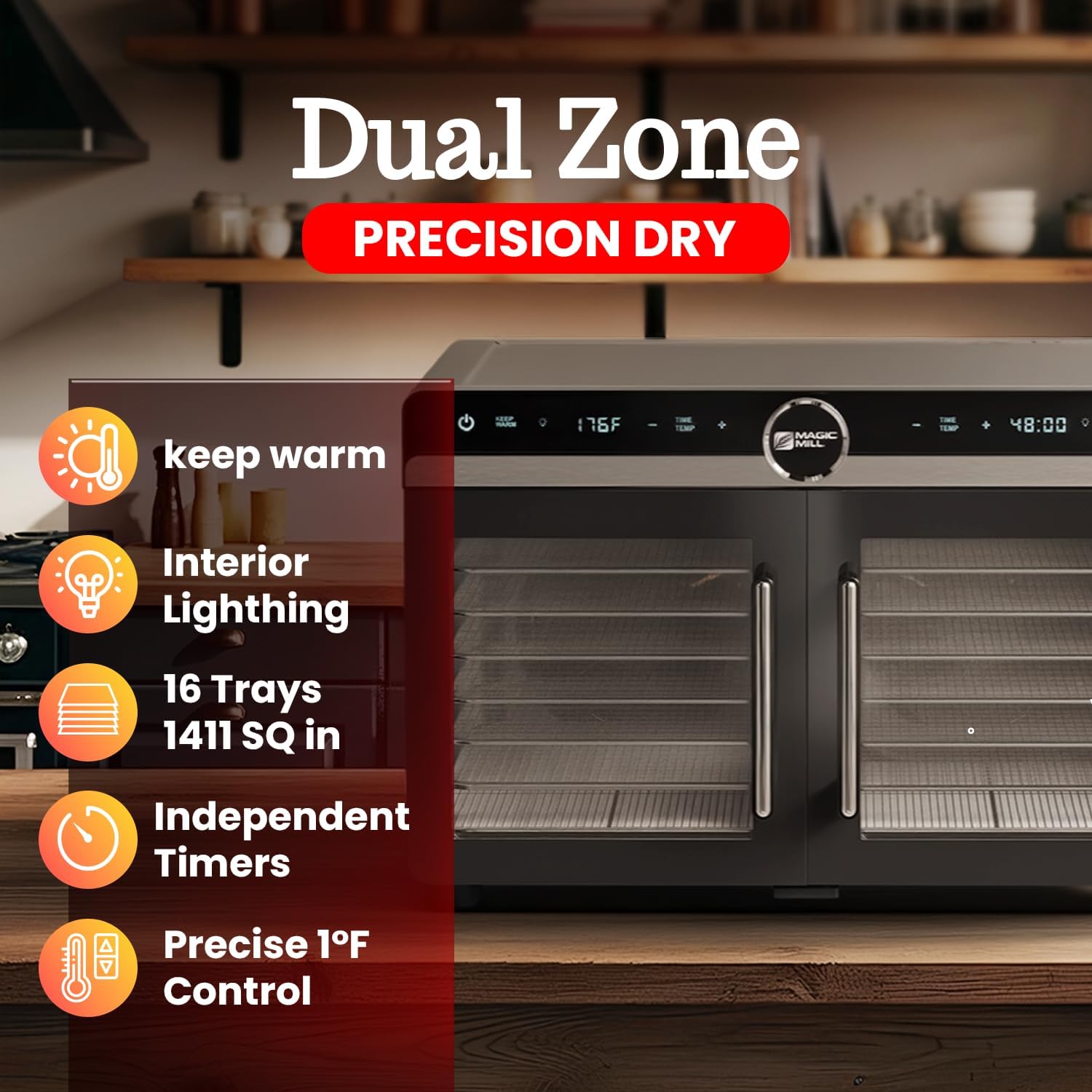 Premium DualZone Food Dehydrator, 16 Stainless Steel Trays with French Doors, Independent Temp Control, Rear Fan