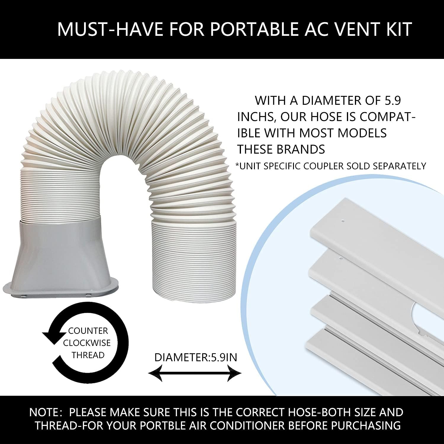 Portable Air Conditioner Kit with Hose, Adjustable Window Seal with 5.9 Inch Diameter 59" Length Hose for