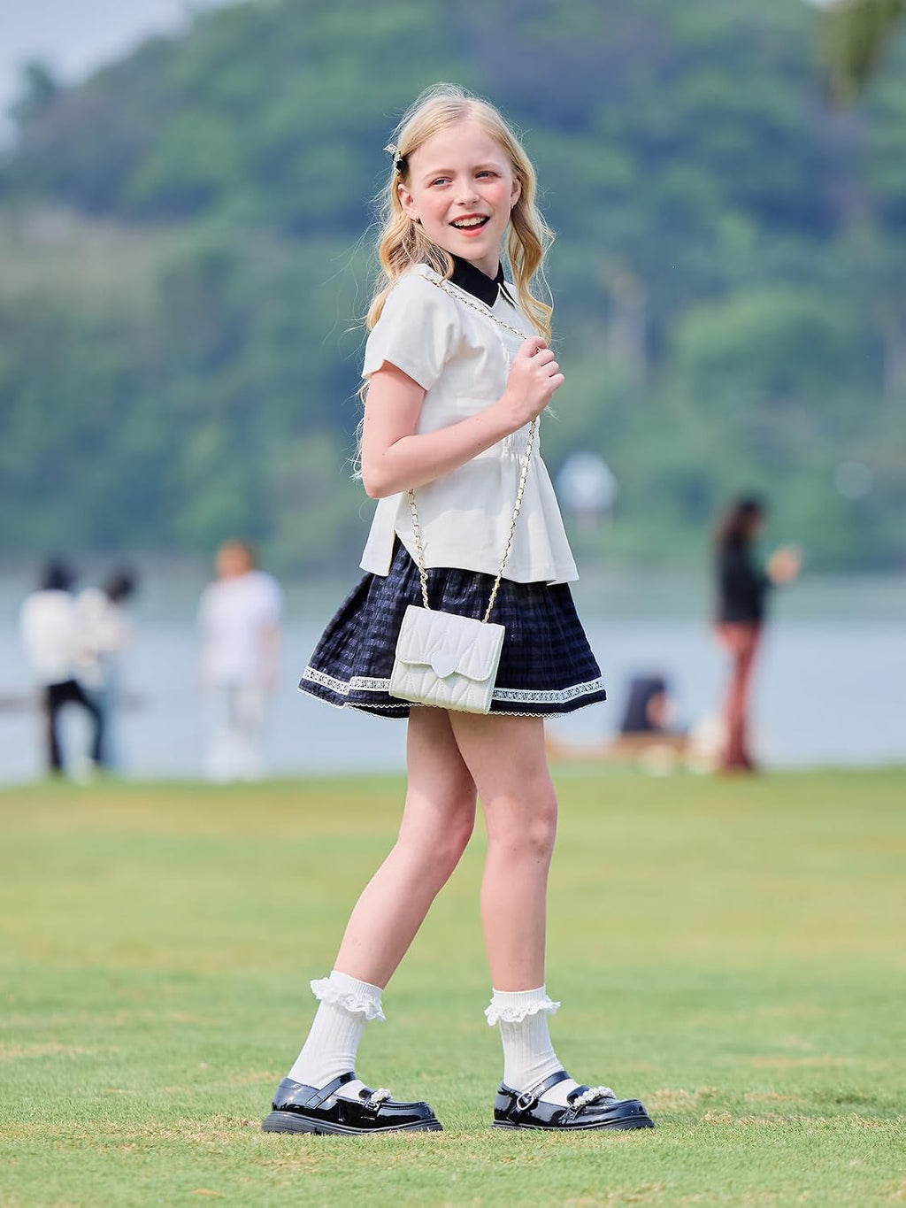 Girls White Polo Shirt with Black Peter Pan Collar and Lace Trim,Uniform Style for 6–16Y