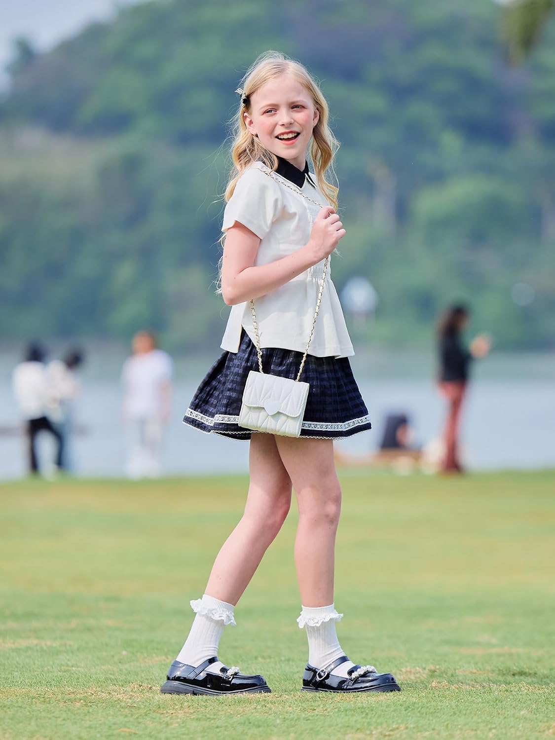 Girls White Polo Shirt with Black Peter Pan Collar and Lace Trim,Uniform Style for 6–16Y