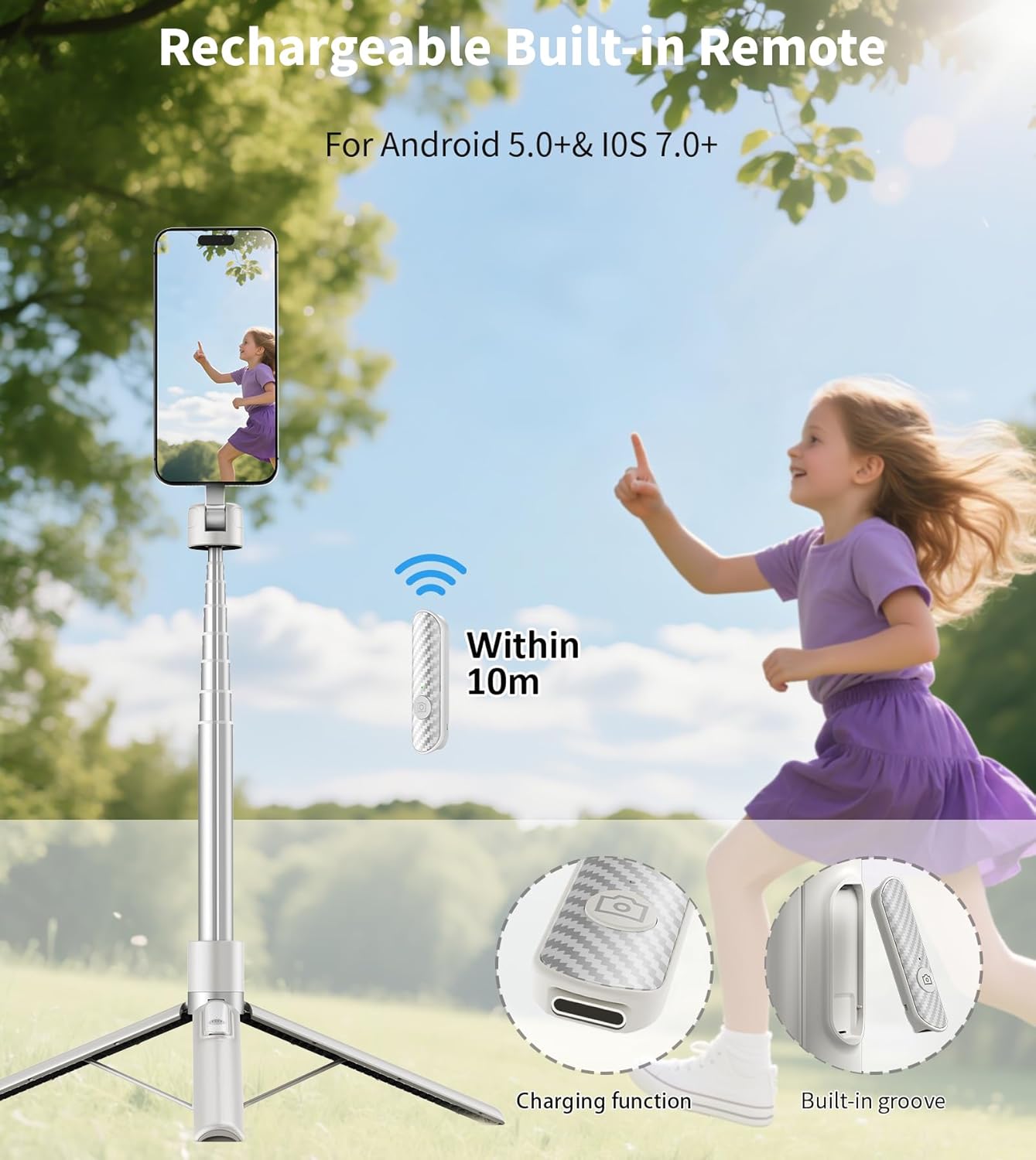 68" Magnetic Aluminum Phone Tripod Selfie Stick for iPhone & Android | Rechargeable Remote,360° Rotatable Foldable