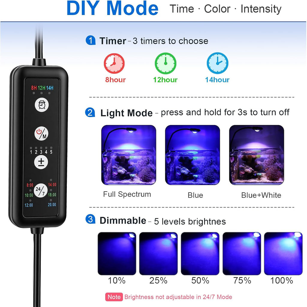 Saltwater Aquarium Light - 35W Dimmable Full Spectrum with 3 Light Modes & Timer, 24/7 Auto Cycle for Refugium, Soft