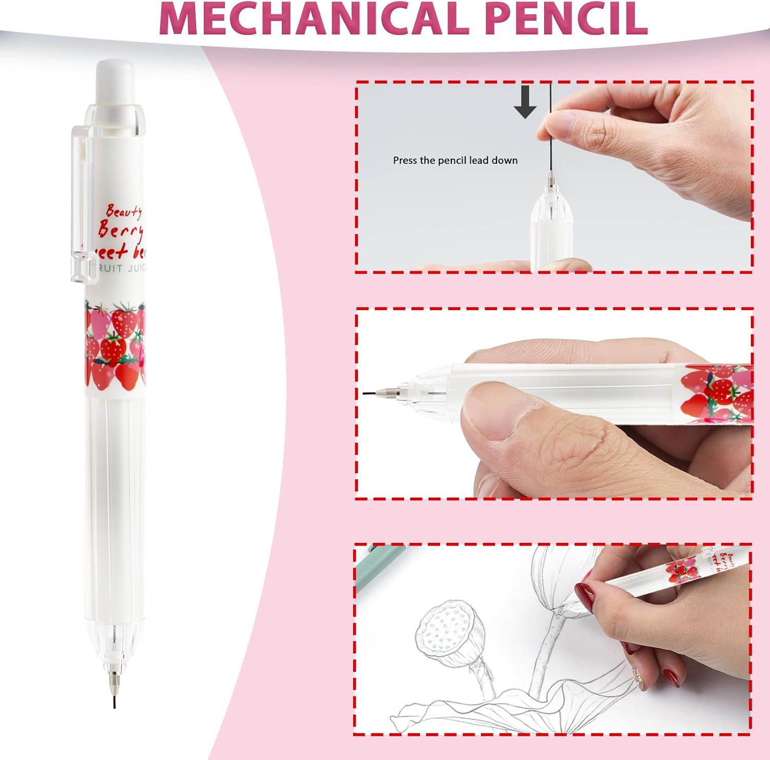 Cute Strawberry Pens Set Include Kawaii 0.5mm Strawberry Mechanical Pencil,Mechanical Pencil Lead Refills,Erasers,Gel