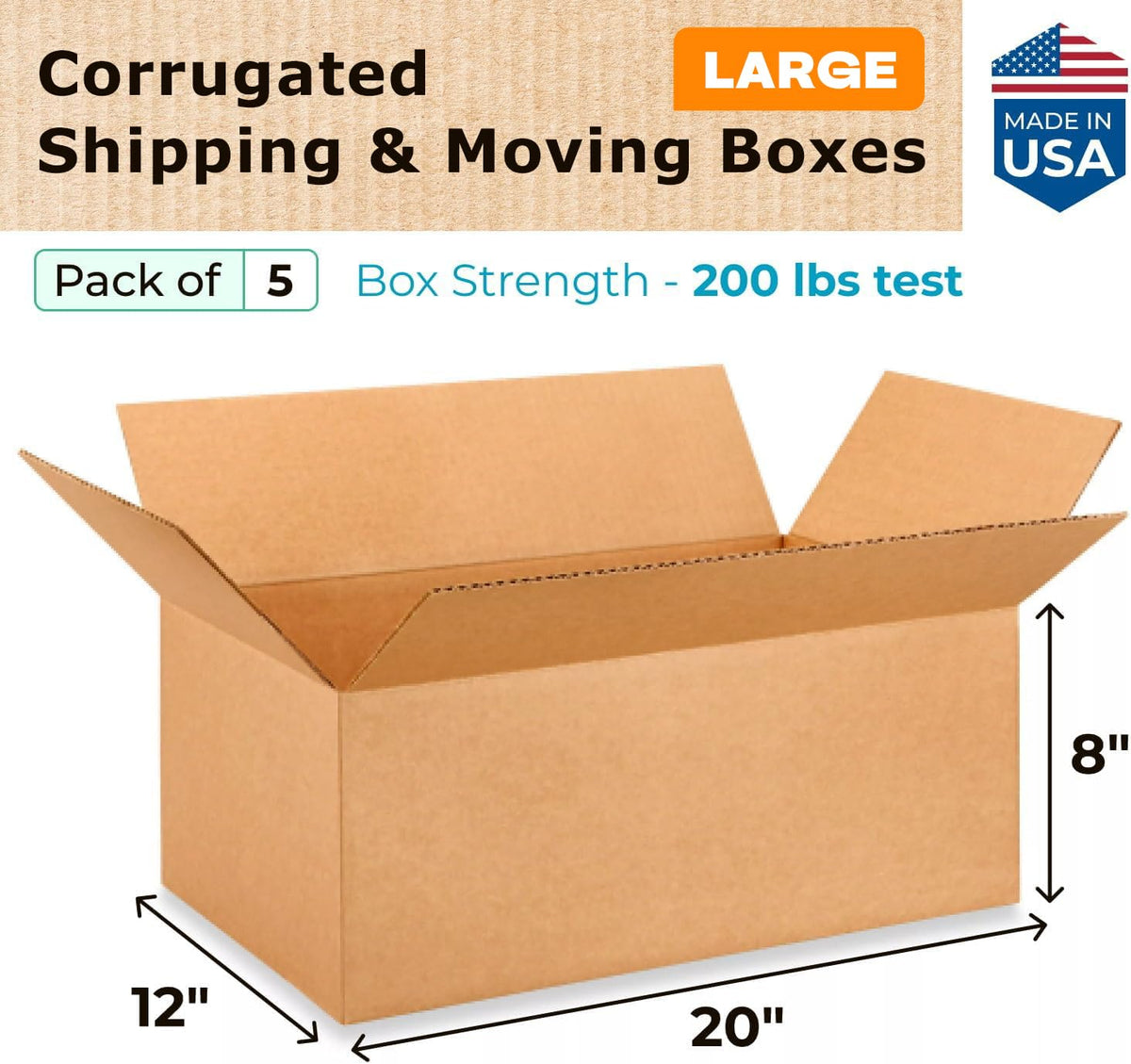 Large Shipping & Moving Boxes 20 x 12 x 8 inches (5-Pack) - Extra Strength 200 lb vs Regular - Corrugated Cardboard