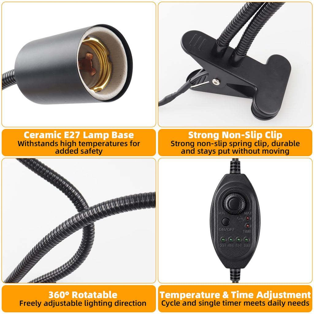 Dual-Head Reptile Heat Lamp Bundle, 24H Cycle Timer & Hygrothermograph