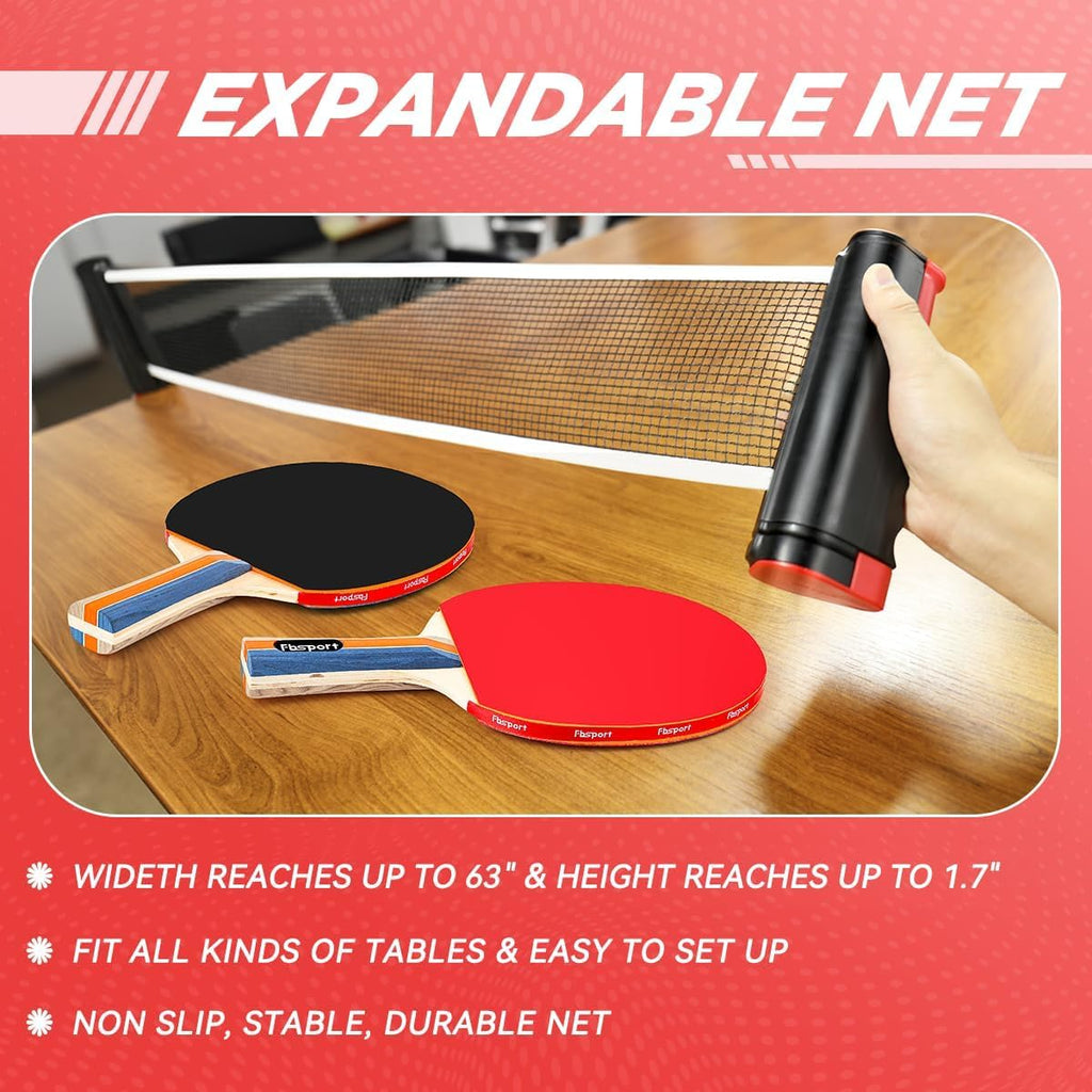 Ping Pong Paddle Set, Table Tennis Set with 4 Rackets and 8 Balls, Retractable Net with Storage Bag - Pingpong Paddle