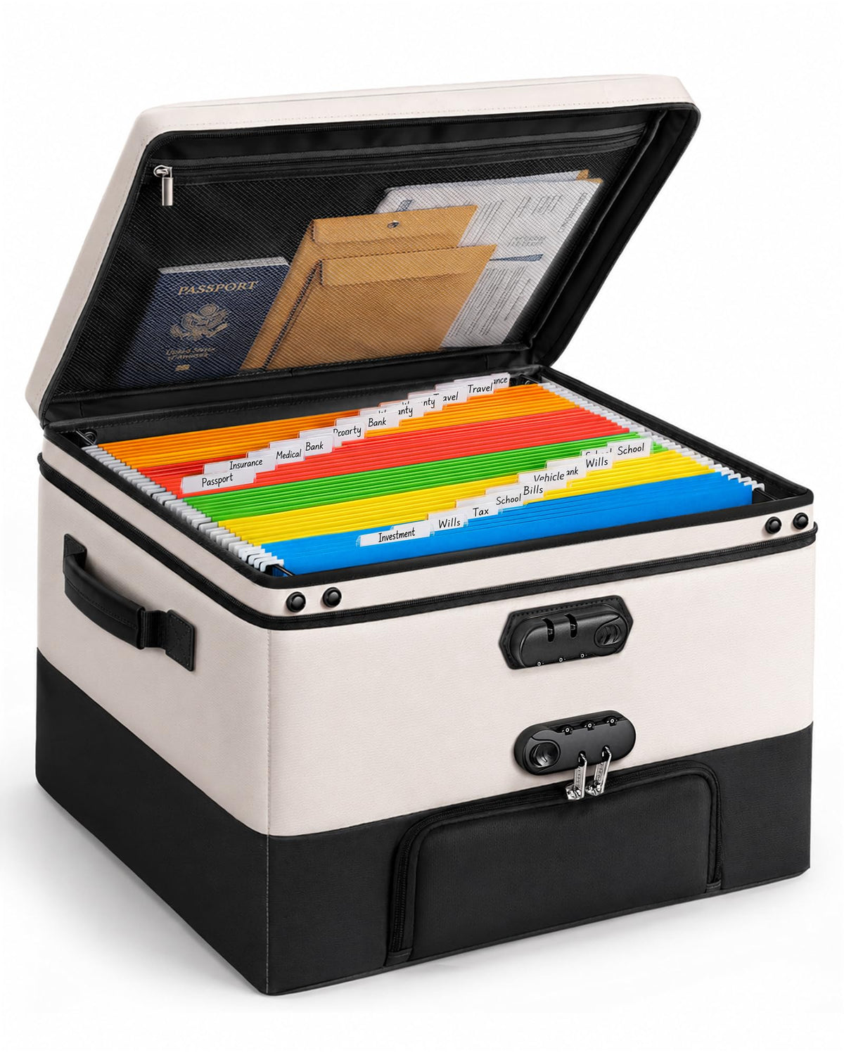 Black Fireproof Document Box with 2 Locks, 10 Hanging File Folders