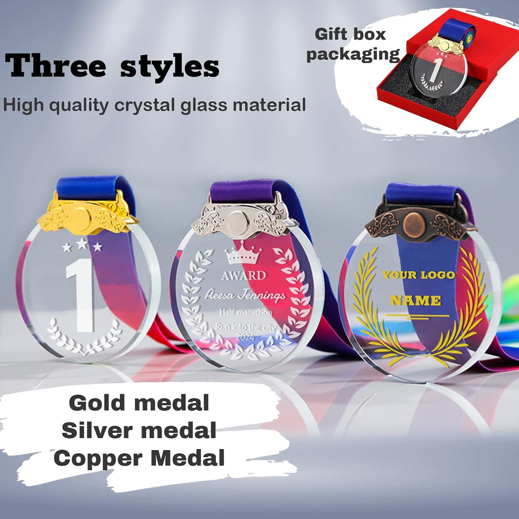 Custom Medals for Awards Personalized Crystal Award Medals with Neck Ribbons Gold Silver Bronze Medals for Adults MVP