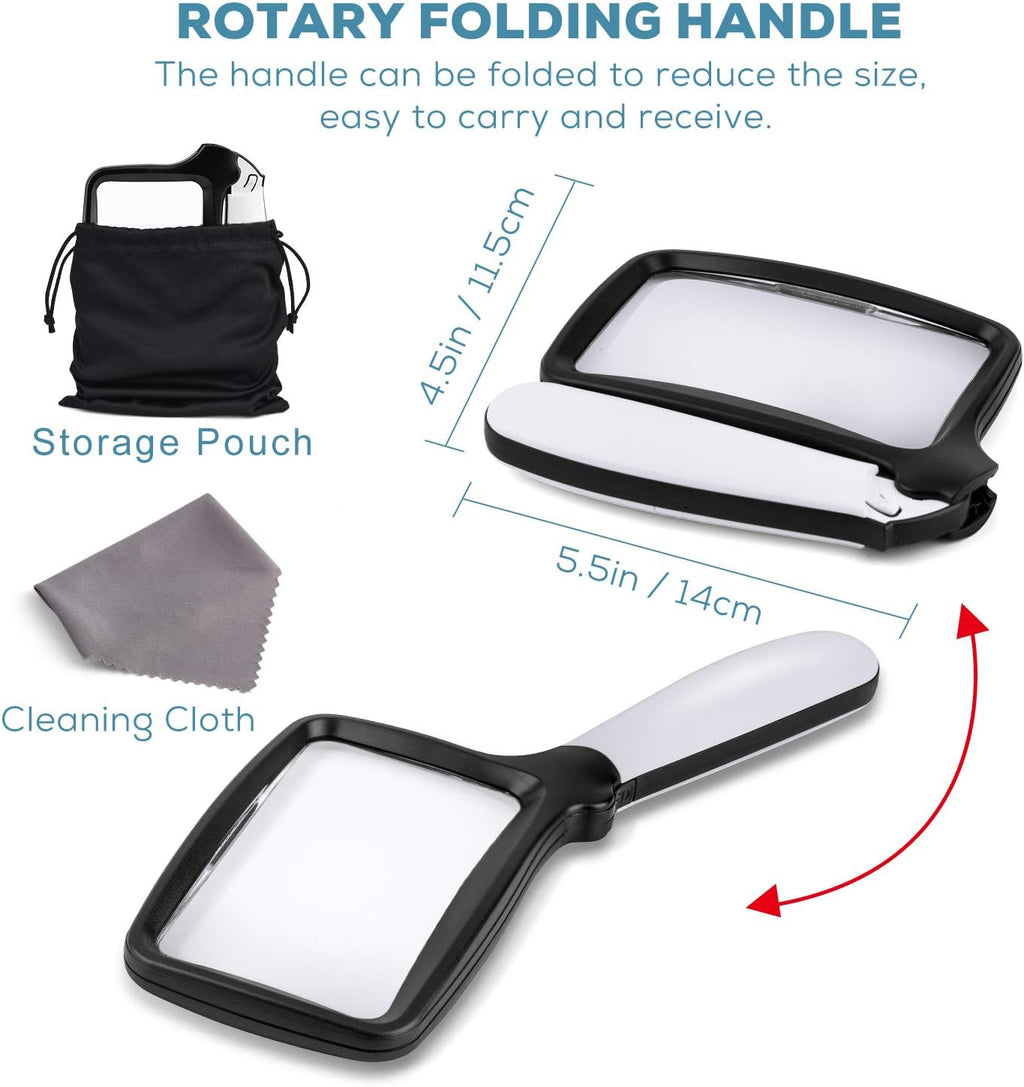 Folding Handheld Magnifying Glass with Light, 5X Large Rectangle Reading Magnifier with Dimmable LED for Seniors with