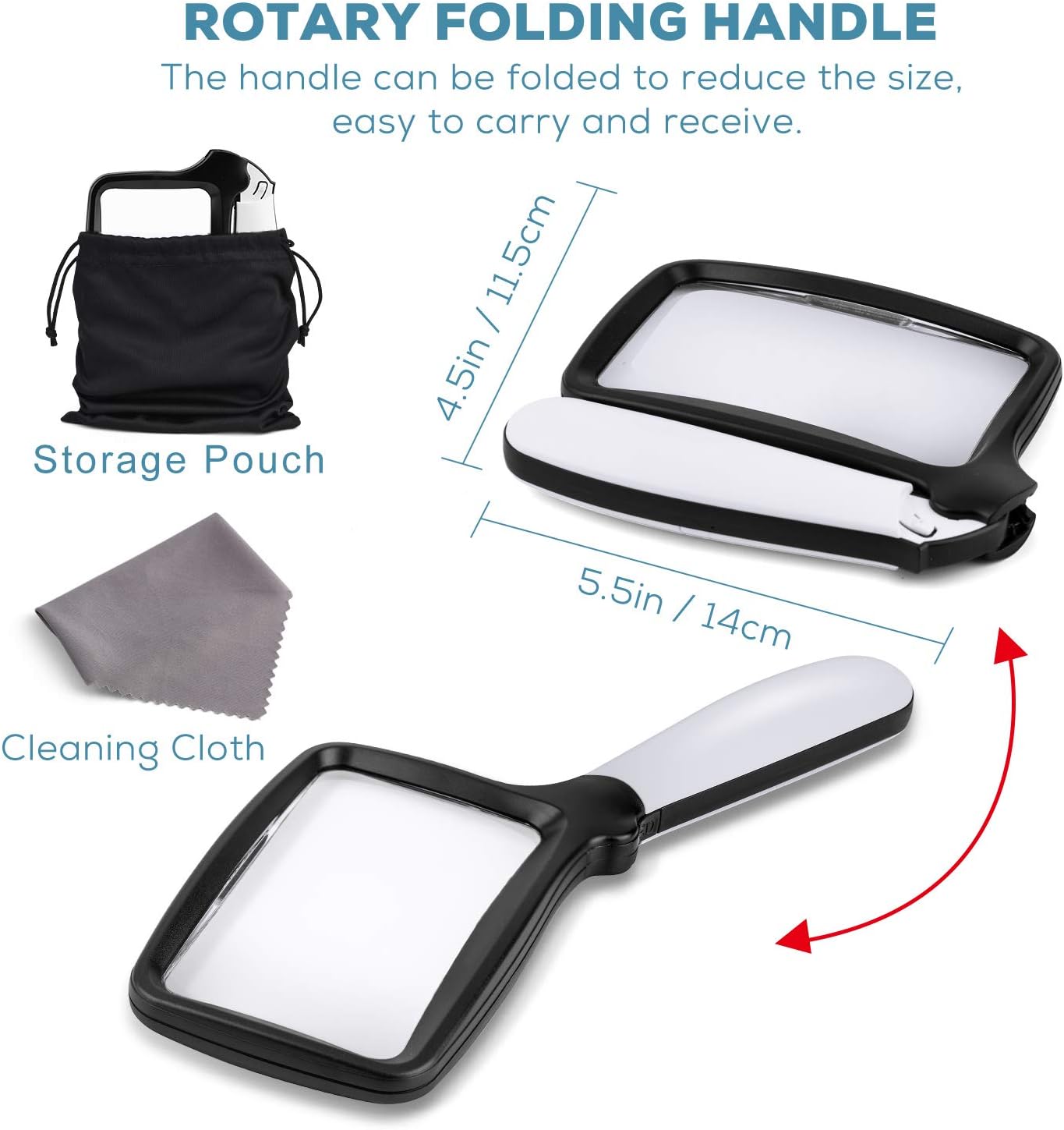 Folding Handheld Magnifying Glass with Light, 5X Large Rectangle Reading Magnifier with Dimmable LED for Seniors with
