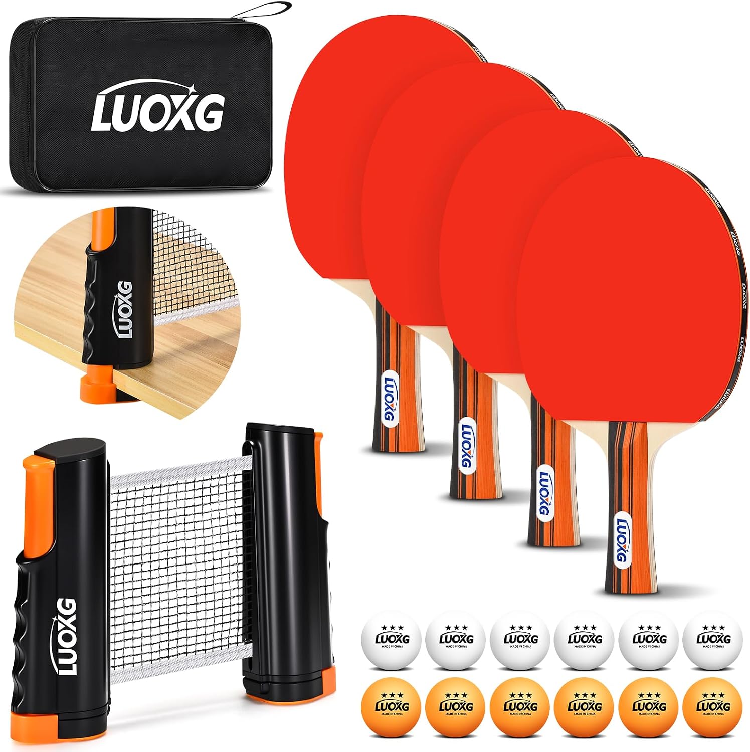 4‑Player Ping Pong Paddles Set with Retractable Net and 12 Balls | Table Tennis Paddles Set of 4, Retractable Ping