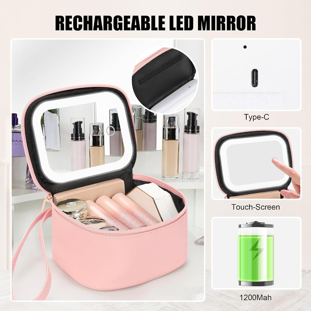 Mini Makeup Bag with Led Mirror, Rechargeable Portable Makeup Pouch