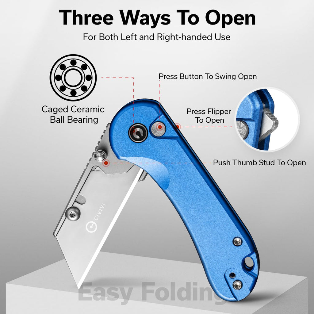 Elementum Folding Utility Knife Box Cutter, Blue Aluminum Handle