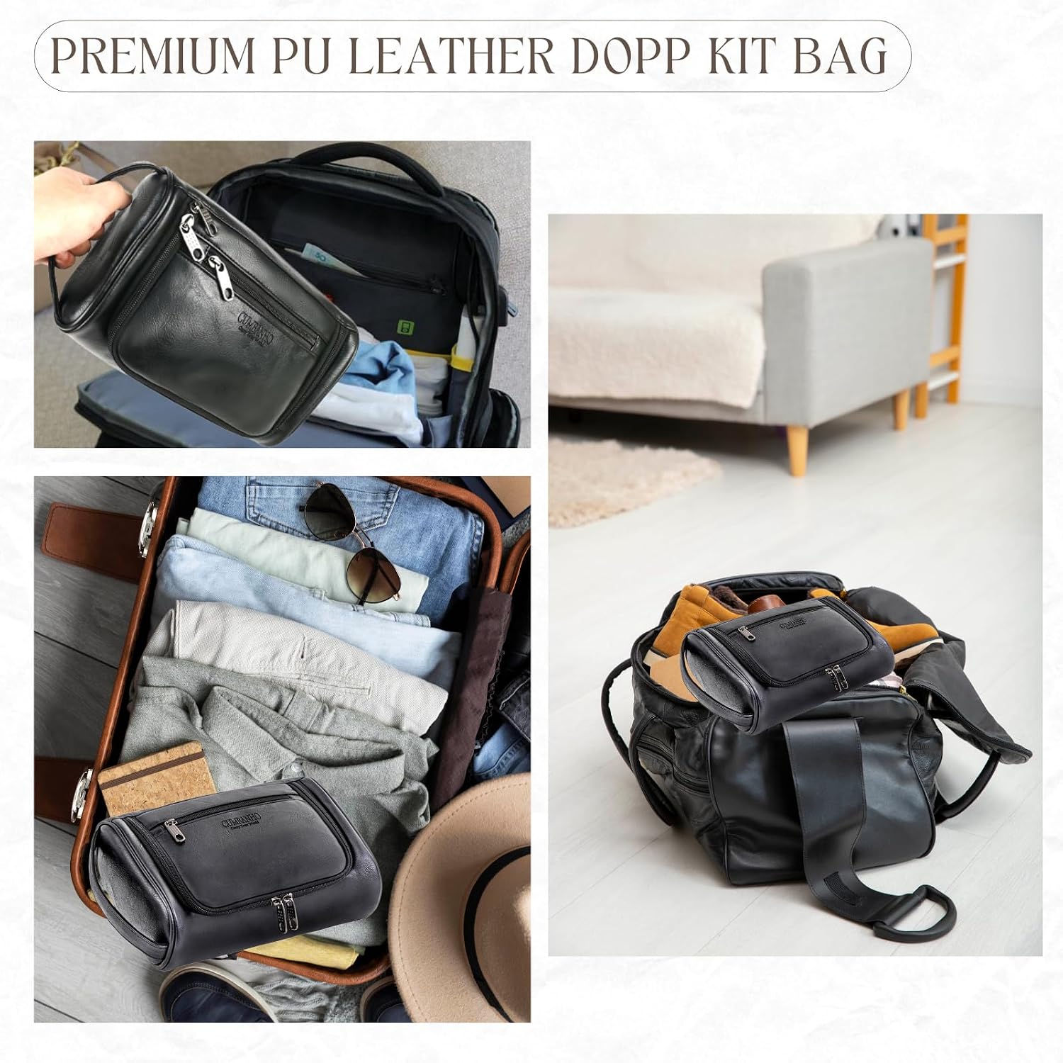 Mens Toiletry Bag,Compact Dopp Kit for Men Travel, PU Leather Shaving Kit, Water-Resistant Minimalist Organizer with