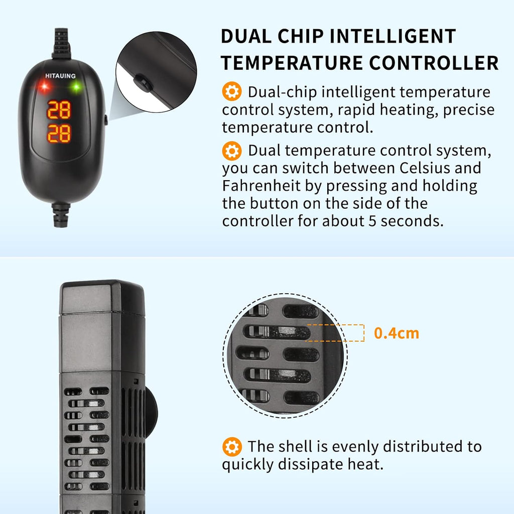Aquarium Heater, 50W/100W/200W/300W/500W Submersible Fish Tank Heater with Over-Temperature Protection and Automatic