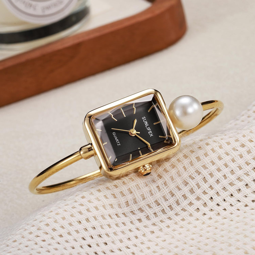 Pearl Bangle Watch for Women, Gold Bracelet Watch with Square Easy Read Dial, Dainty Elegant Cuff Watch for Women