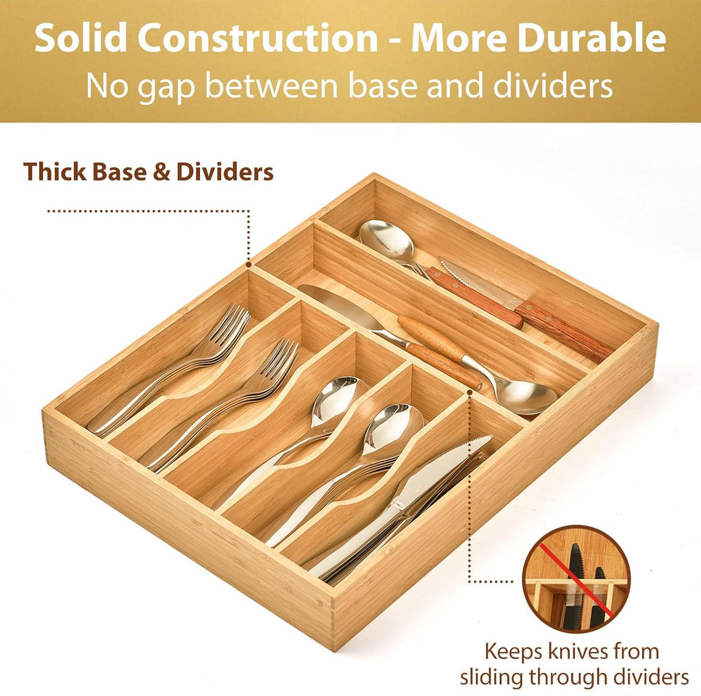 Bamboo Kitchen Drawer Organizer, 13 Inch Silverware Utensil Tray Holder, Extra Deep Grooved Drawer Divider, 7 Slots