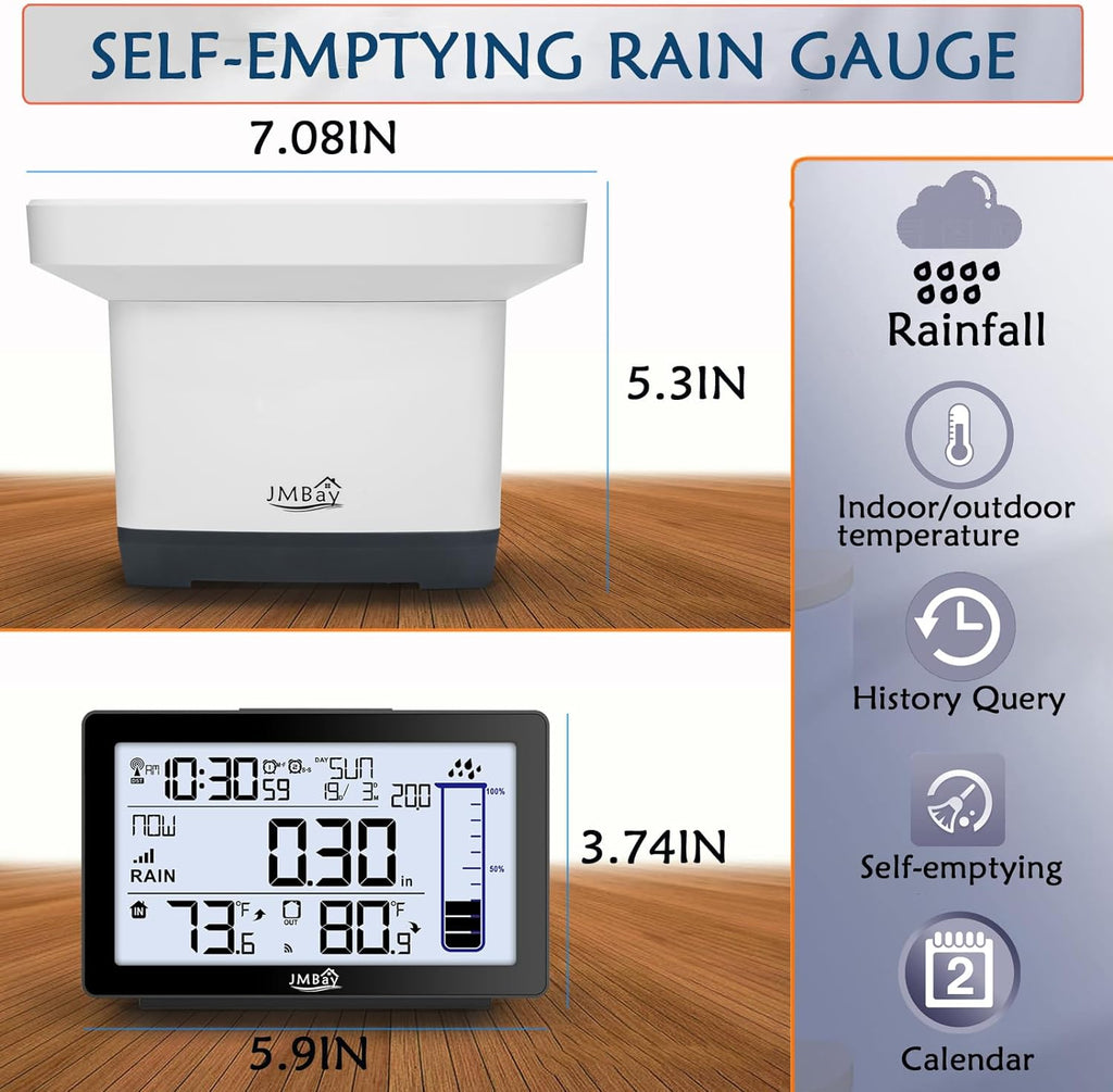 Digital Rain Gauge Outdoor with Thermometer, Self-Emptying Wireless Rain Gauges Outdoors Best Rated, High Precision