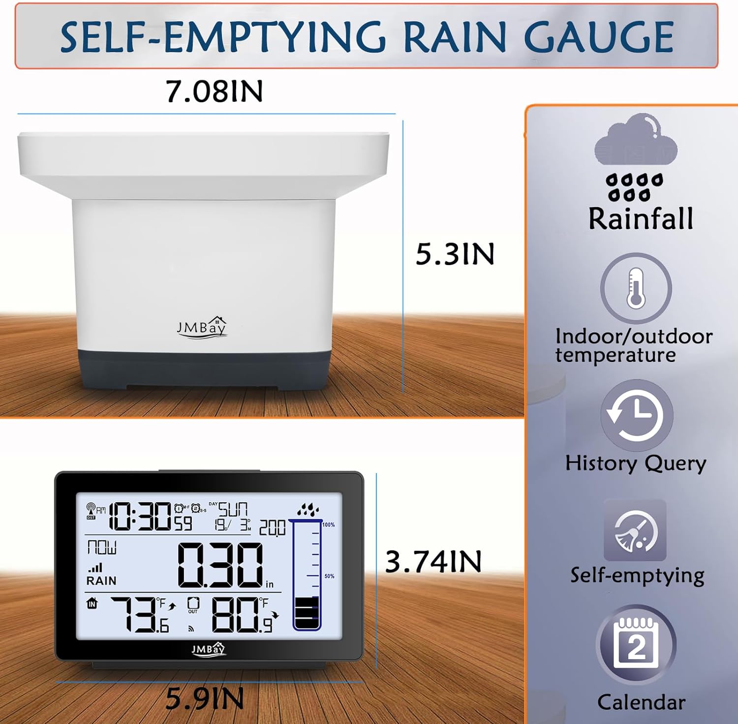 Digital Rain Gauge Outdoor with Thermometer, Self-Emptying Wireless Rain Gauges Outdoors Best Rated, High Precision