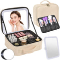 Travel Makeup Bag with Mirror & 8 Adjustable EVA Dividers, Beige | Portable makeup case, detachable mirror with 3