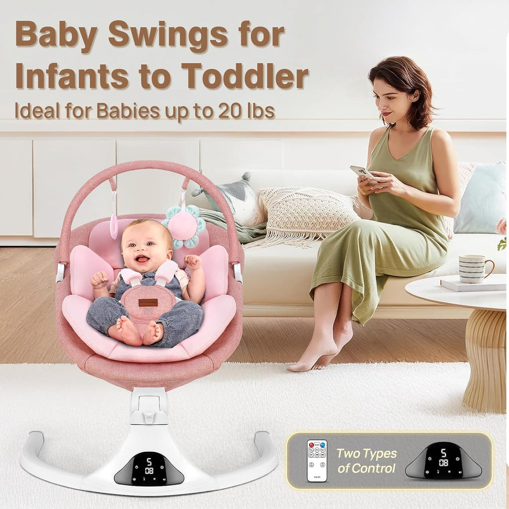 Portable Baby Swing with Remote Control Bluetooth Music 5-Speed Timer Pink | 5‑point safety harness, machine washable