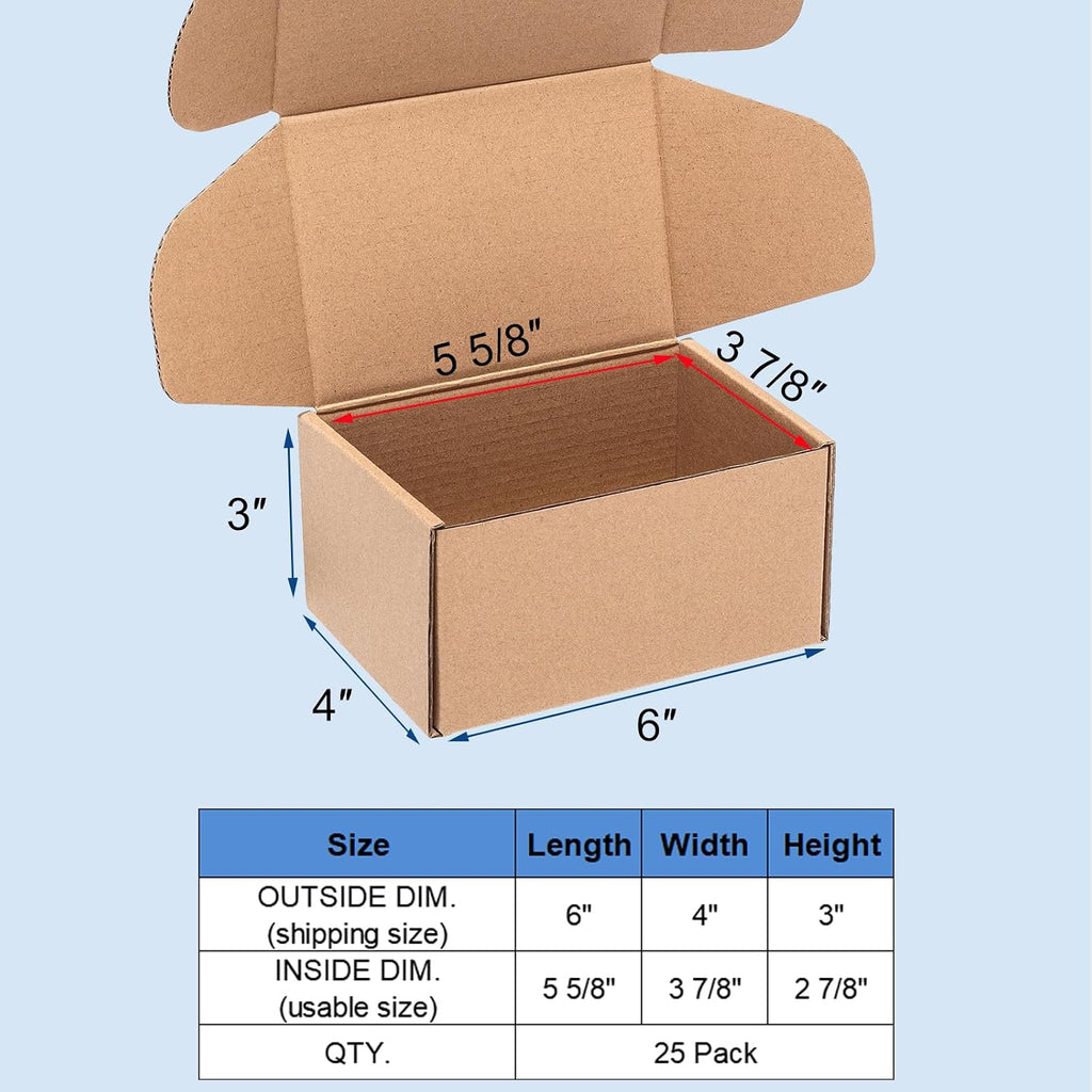 Shipping Boxes 6x4x3 Inches 25 Pack Corrugated Cardboard Brown Box