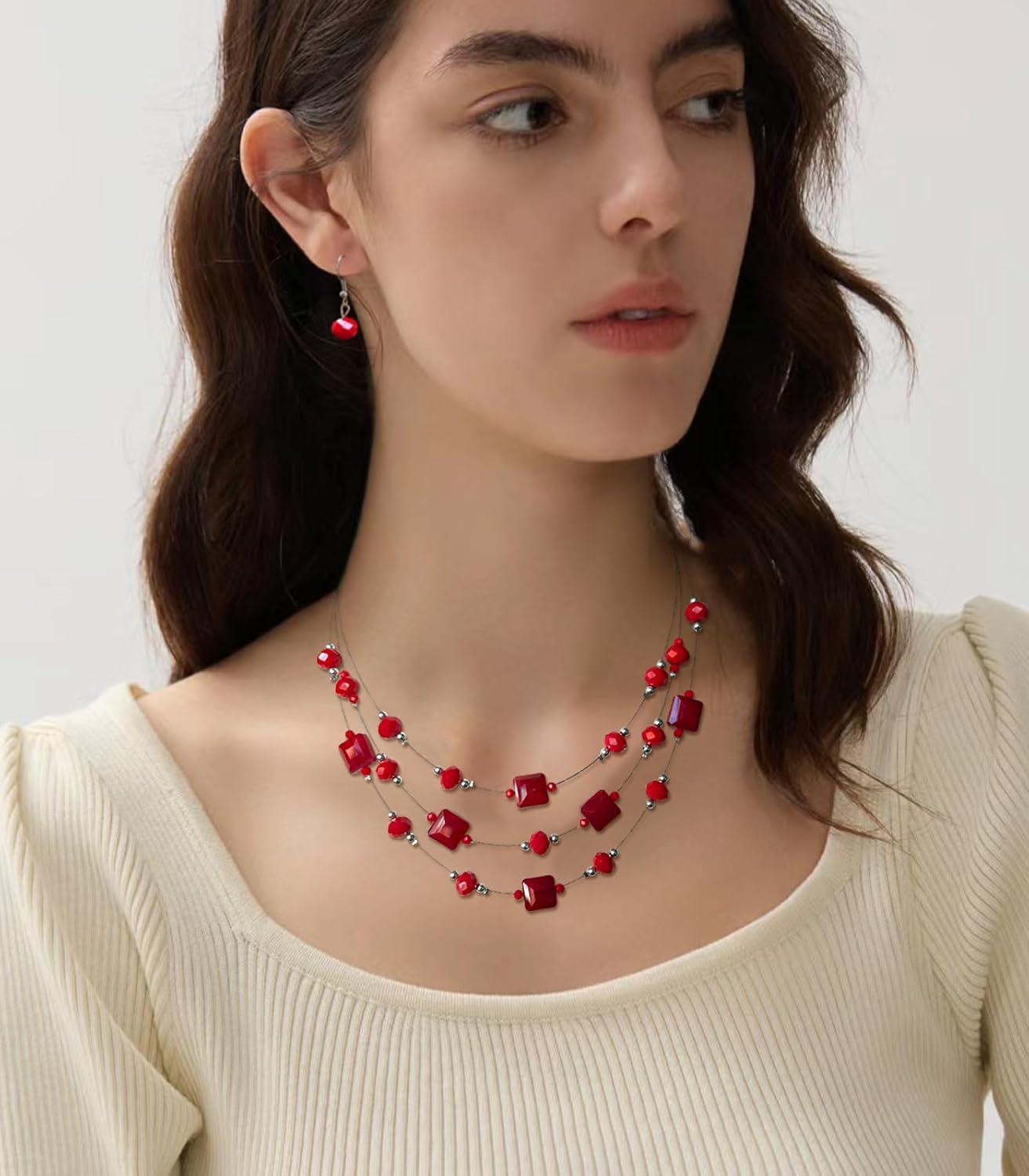 Layered Silver Beaded Necklace for Women Square Crystal Beads Statement Collar Necklace and Earrings Fashion Costumes