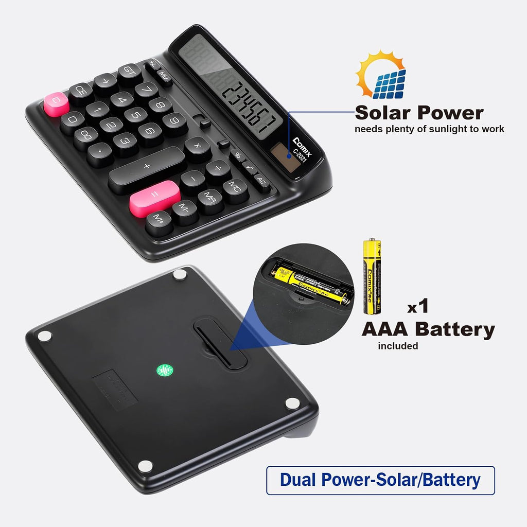 Desktop Calculator, 12 Digits Large Button Desk Calculator, Black | Solar Battery Dual Power, Large LCD Display