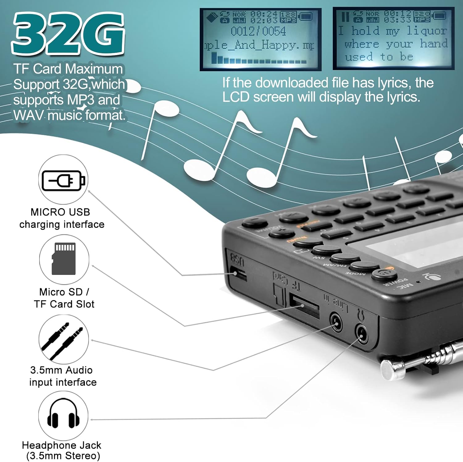 Portable Bluetooth Radio, FM AM Shortwave Radios with Sleep Timer and Preset Function, Rechargeable Digital Recorder