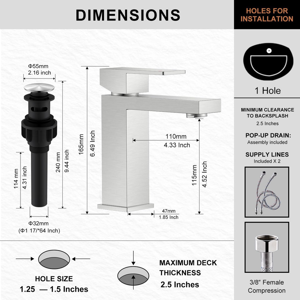 Brushed Nickel Bathroom Faucet 1 Hole, Single Handle Vanity Faucet