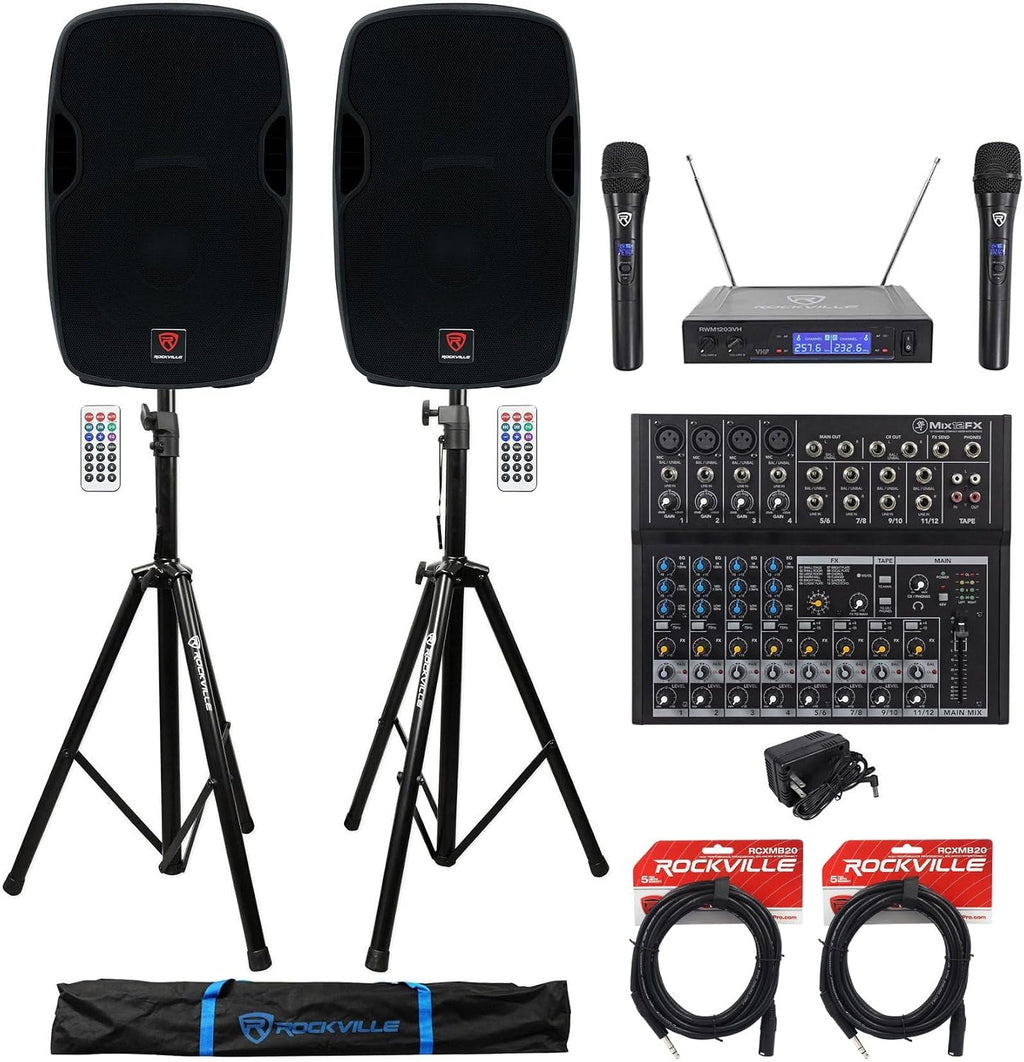 BPA15 15" Active PA Speaker Pair Bundle with Mix12FX Mixer | 800W Peak / 200W RMS Each, Bluetooth, RWM1203VH Dual