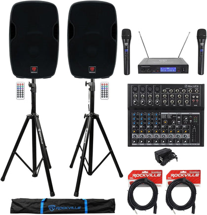 BPA15 15" Active PA Speaker Pair Bundle with Mix12FX Mixer | 800W Peak / 200W RMS Each, Bluetooth, RWM1203VH Dual