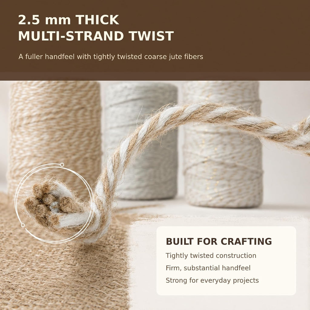 Colored Jute Twine String, 3 Rolls 984 Feet 2.5mm Craft Rope Set