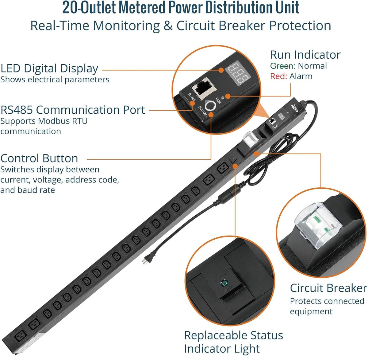 Tecmojo 20-Outlet 0U Metered Vertical PDU, 16 IEC C13 + 4 IEC C19, RS485 Modbus RTU (SKU# 13122002)