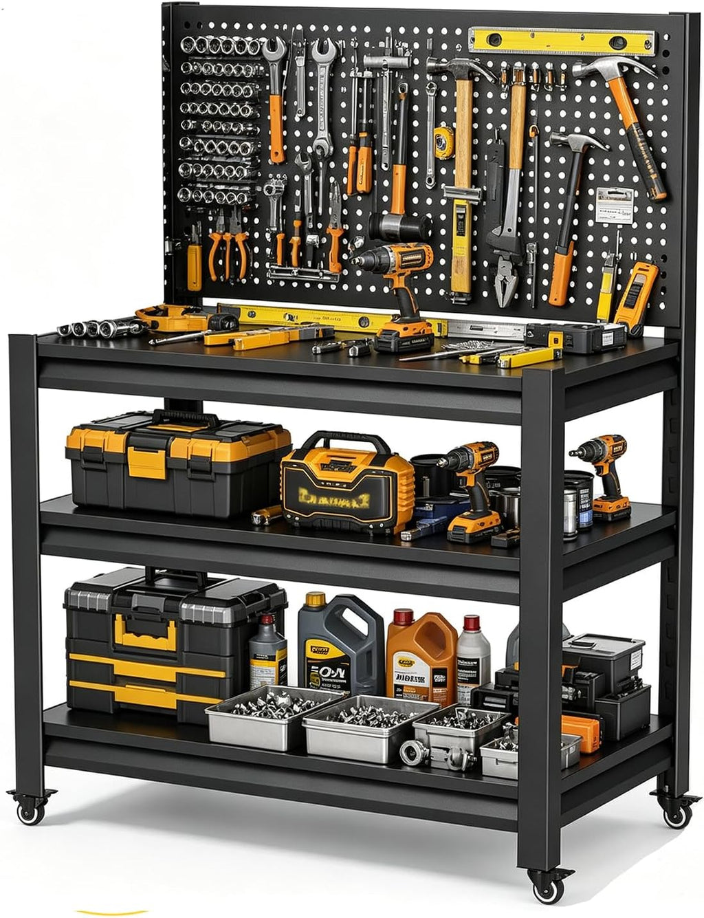 Garage Workbench with Pegboard, Tool Storage Rolling Work Table on Wheels | Portable workbench with lockable wheel