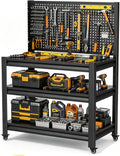 Garage Workbench with Pegboard, Tool Storage Rolling Work Table on Wheels | Portable workbench with lockable wheel