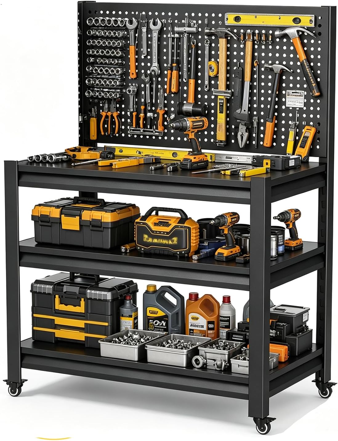 Garage Workbench with Pegboard, Tool Storage Rolling Work Table on Wheels | Portable workbench with lockable wheel