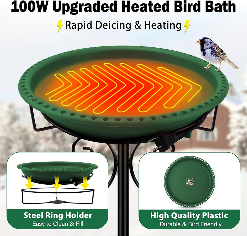 100W Heated Bird Baths for Outdoors, Winter Heated Birdbath, Green