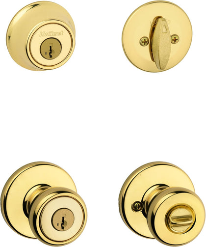 Tylo Front Door Lock Handle and Deadbolt Set, Entry Handleset Exterior with Interior Door Knob, Polished Brass, Pick