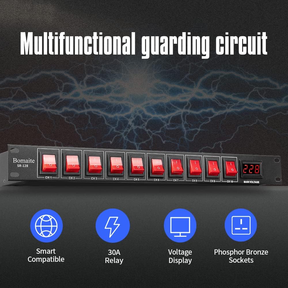 SR-128 10 Outlet Power Sequencer Conditioner - 15A 1800W AC power Rack Mount Switch Conditioner, Pro Audio Digital