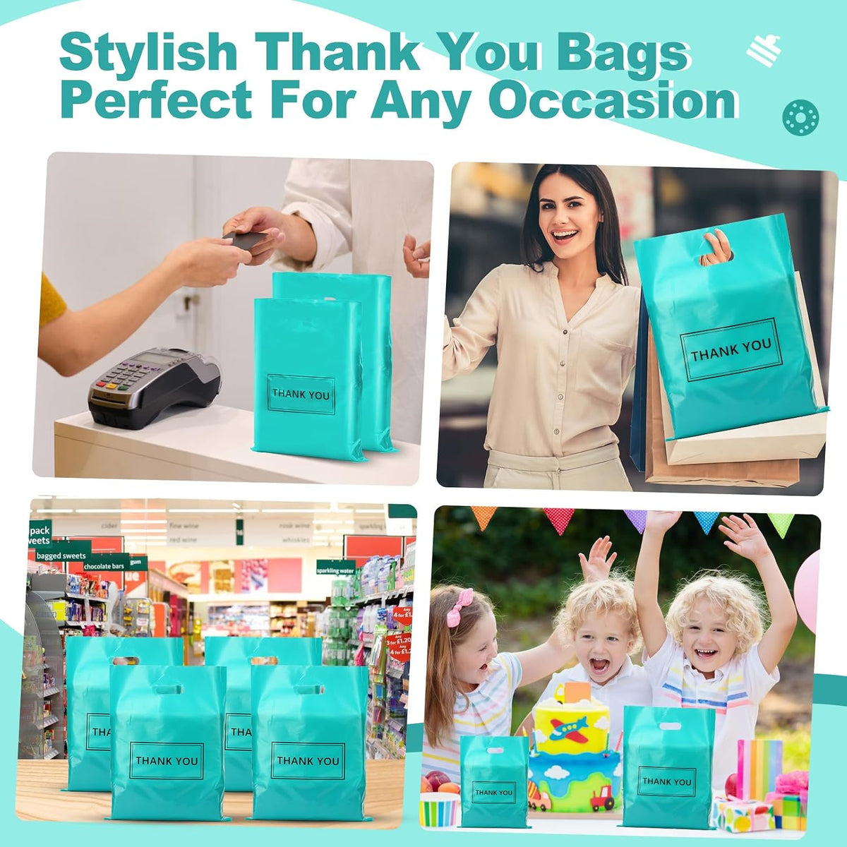 Thank You Bags for Small Business, 200pcs Plastic Retail Bags Merchandise Bags with Handles Bulk Large Reusable