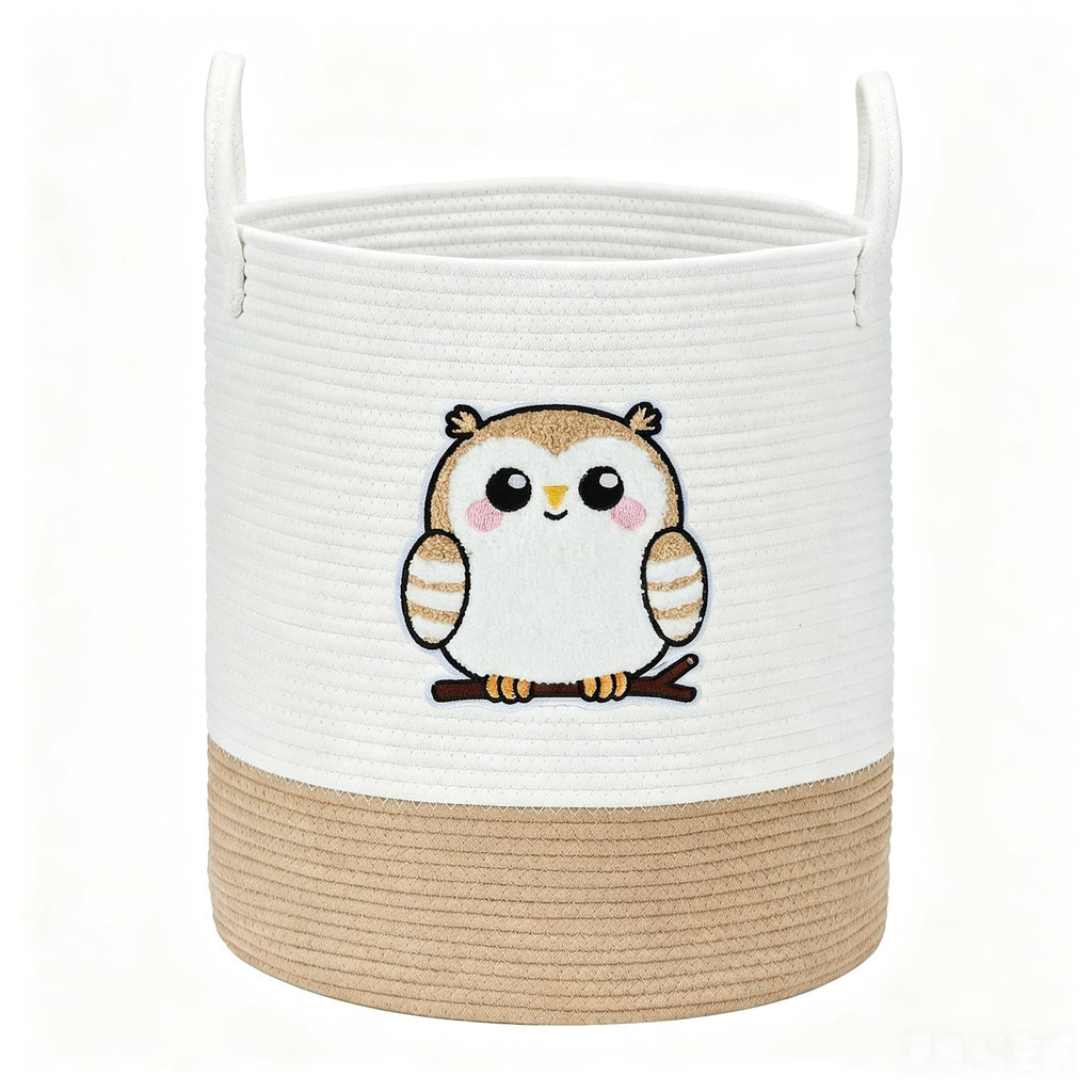 Owl Laundry Basket, Large Cotton Rope Hamper for Nursery