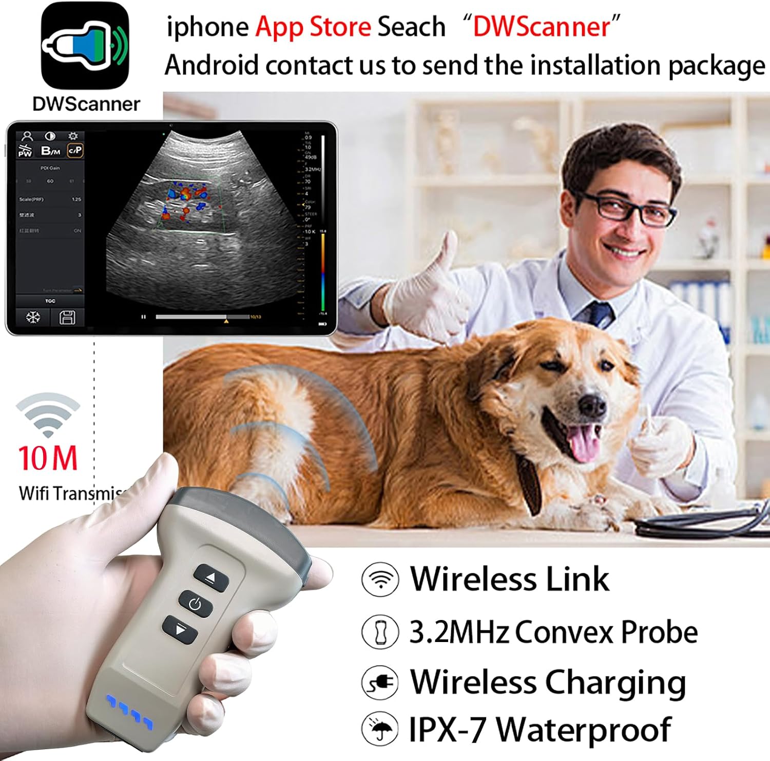 Convex Probe Veterinary Color Doppler Ultrasound Machine, Wireless Handheld Scanner for Pregnancy & Organ Exam in Dog