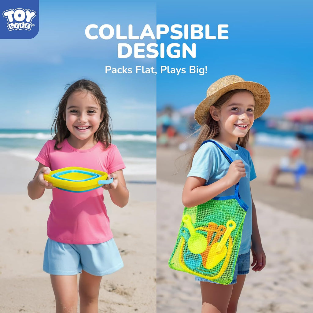 Collapsible Beach Sand Toy Set, Silicone Beach Bucket, Ages 3-8 | Packs flat into a beach bag so it always comes