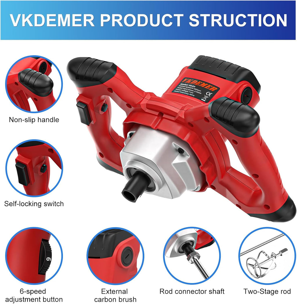 Electric Handheld Cement Mixer, 2pcs Mixing Heads Included, Portable Mortar Mixer with 6 Adjustable Speed, 110V Mud